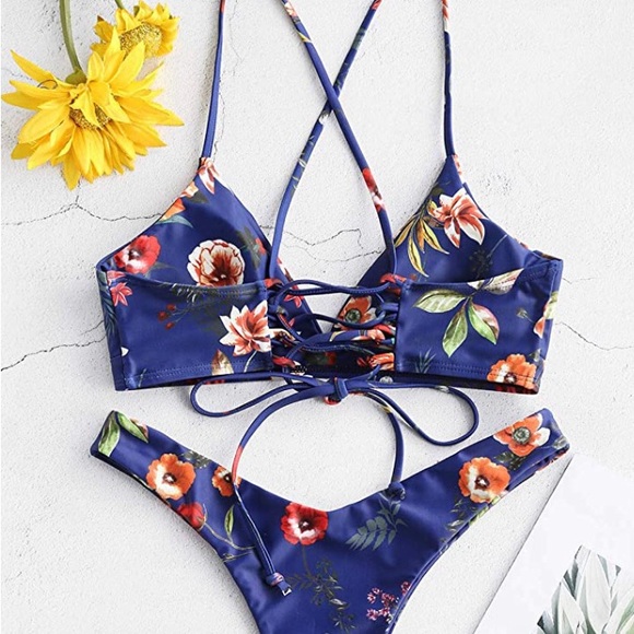 Zaful Other - Zaful Blue Floral Cheeky Laced Back Back Bikini